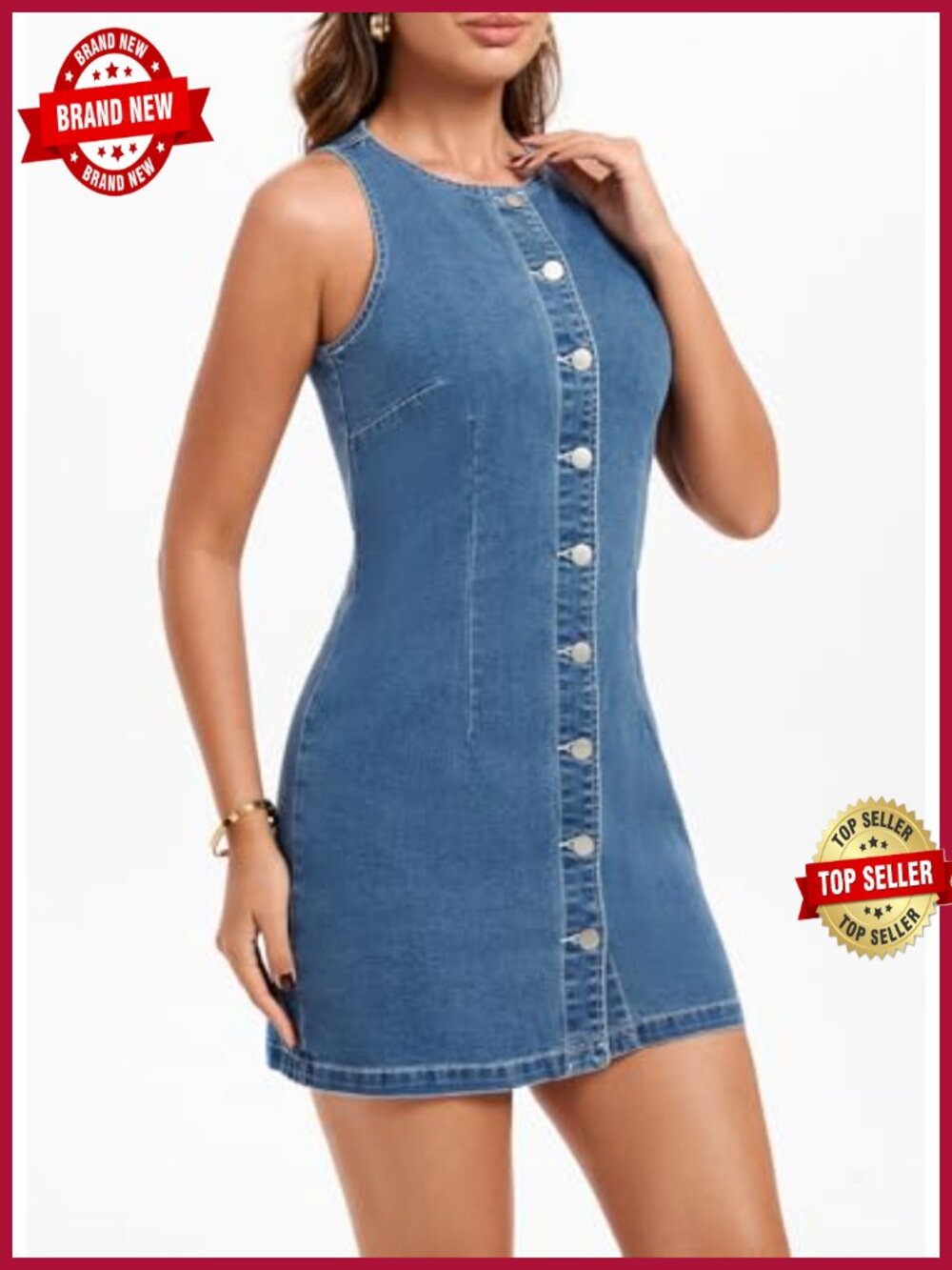 Women's Sleeveless Denim Mini Dress Stretch Button Front Bodycon - Picture 2 of 6